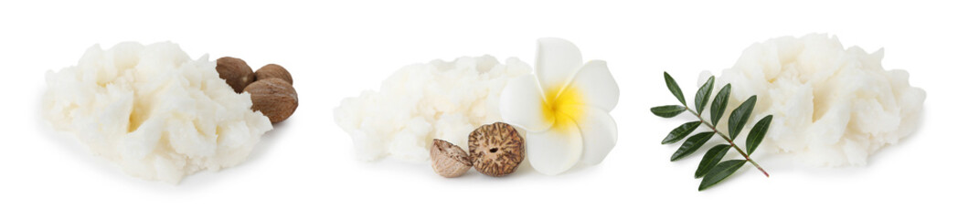 Natural shea butter on white background, set