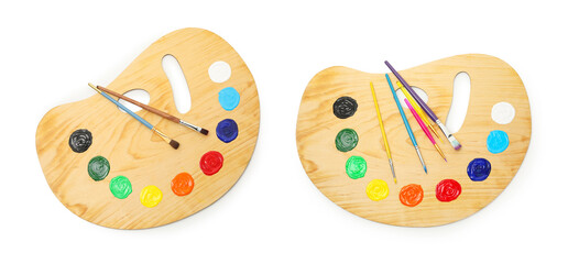 Wooden palette with paints and brushes isolated on white, collage