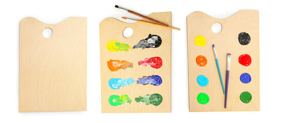 Wooden palettes with paints and brushes isolated on white, collage