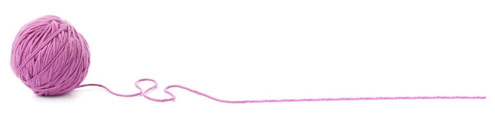 Ball of bright violet knitting yarn on white background