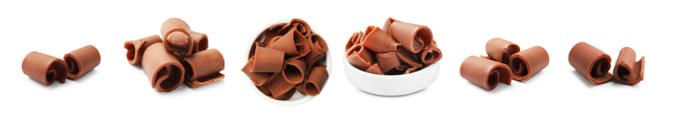 Chocolate butter shavings isolated on white, set