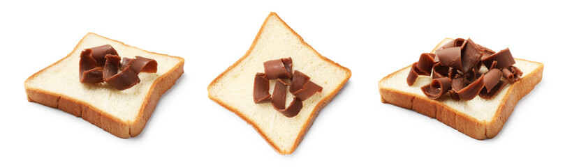 Bread slice with chocolate butter shavings isolated on white, set