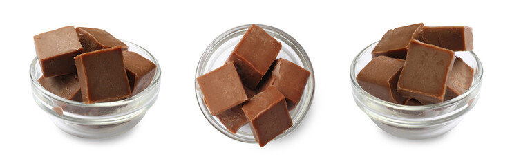 Chocolate butter cubes in bowl isolated on white, collage