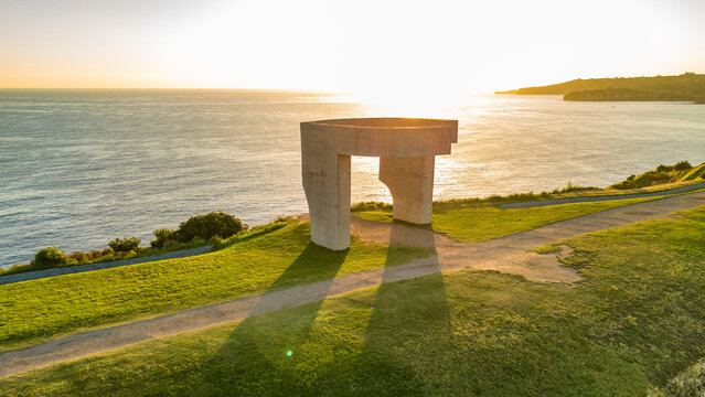 Aerial view of Gijon old town at sunrise, Asturias, Spain