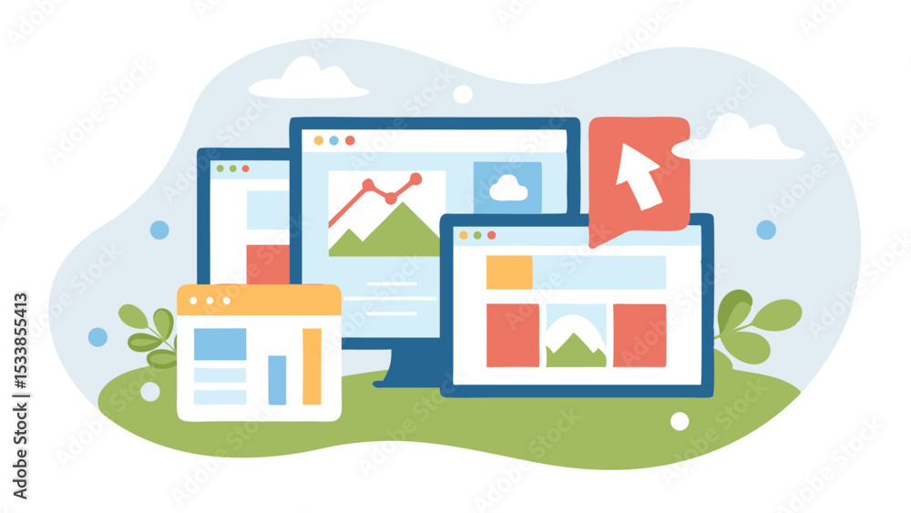 Poster illustration of multiple computer screens displaying various data and information layouts online now