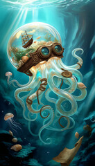 A luminous steampunk octopus under a sunlit ocean surface. Its transparent dome contains moss, seashells, and a sailing map. Victorian rope knots and brass ornaments wrap its soft tentacles. Surrounde