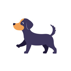 Playful cartoon dog walking happily in a bright, minimalistic background