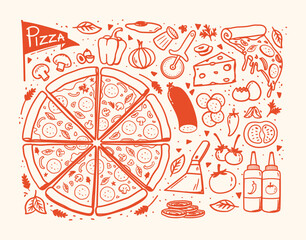 Pizza hand drawn illustration set, outlined style, pizza doodle illustration