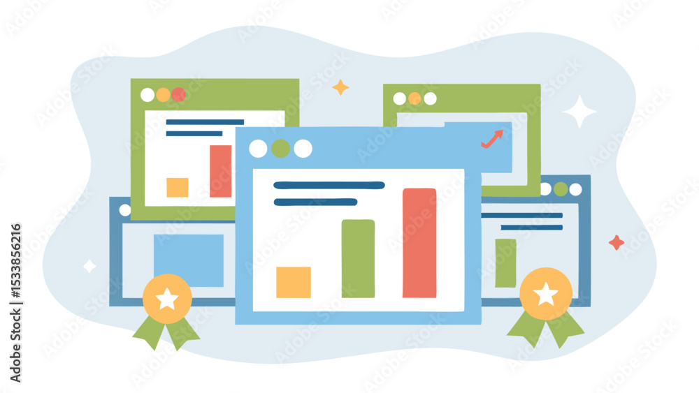 Poster illustration of multiple windows displaying charts and graphs with award decorations around them