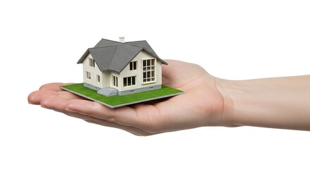 A hand holds a model house with a gray roof and green base on a white background