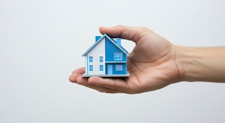 A human hand holds a miniature house split evenly between blue and white set against a white background