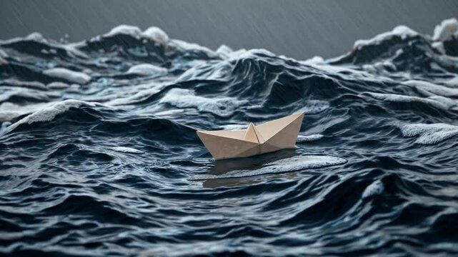 Paper boat floats on turbulent ocean waves during a rainstorm. The image captures the contrast between the fragile paper craft and the powerful, rough sea, evoking feelings of resilience.