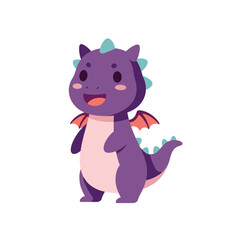 Cute purple dragon character with small wings smiling joyfully in a simple background