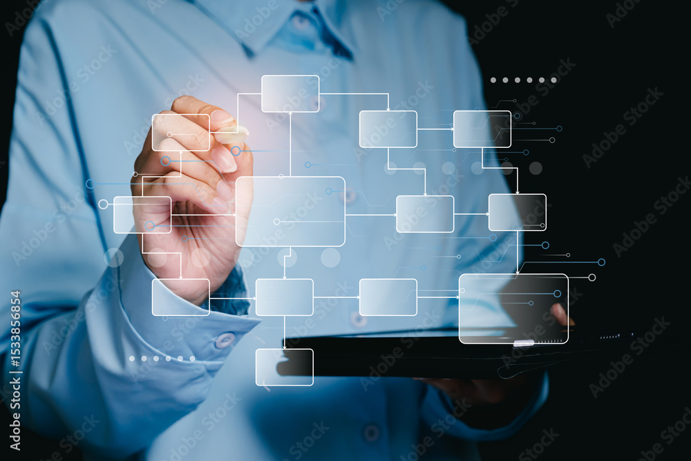 Poster workflow business. business professional creating digital workflow diagram with tablet on black back