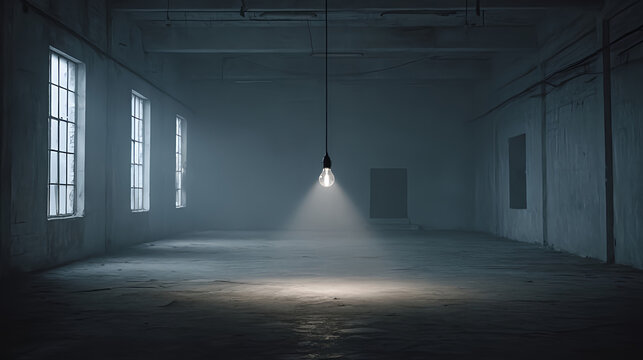 Dark empty room with hanging light bulb and windows stock photo background