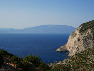 Scenic coastal cliffs and Peloponnese view from Zakynthos, Greece