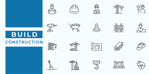 Construction & building icon set. Vector illustration of architecture, bulldozer, tools, foundation, cement, construction, crane, wall, building, palette, and bulldozer