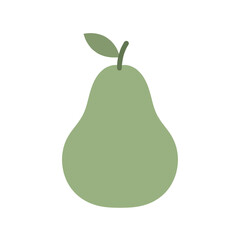 A vibrant green pear with a single leaf, set against a clean white background, showcasing its freshness