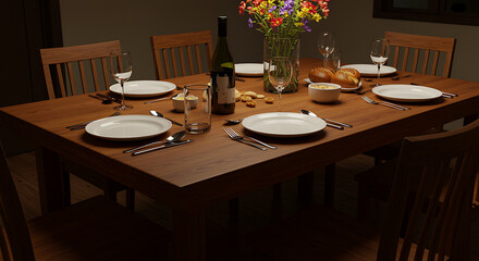 Wooden Dining Table Set Dinner Setting Wine Glasses Plates Food