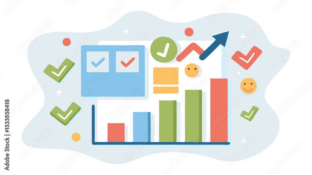 Poster illustration of a bar graph showing progress with check marks and upward arrow indicating growth