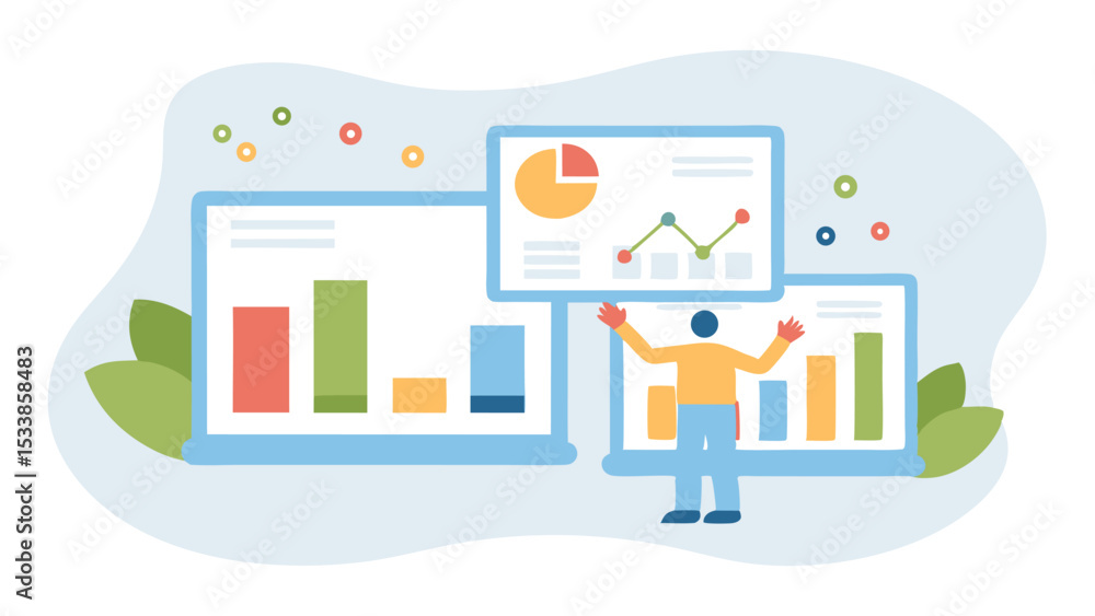 Poster person presenting data charts and graphs on multiple screens in a business meeting setting for analy