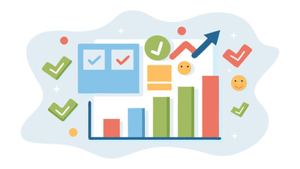 Obraz premium Illustration of a bar graph showing progress with check marks and upward arrow indicating growth