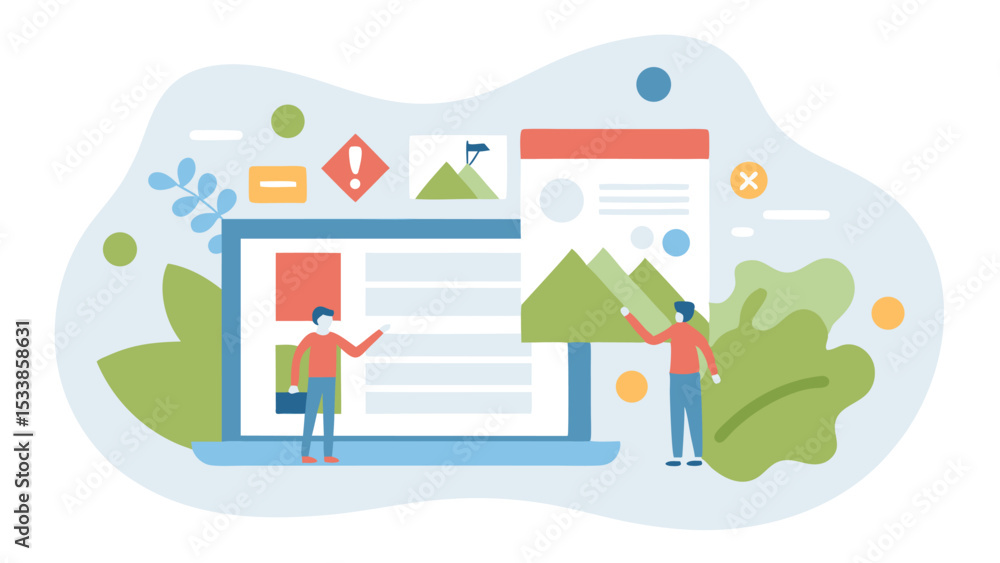 Poster two figures interacting with a laptop displaying content and an overlaying window with mountains