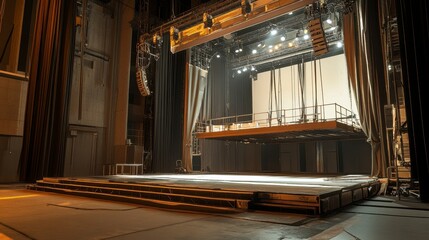 Empty theater stage with lighting equipment, curtains, and a raised platform.