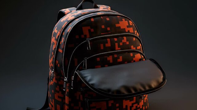Digital Camouflage Backpack with Orange and Black Pixelated Pattern on Dark Background
