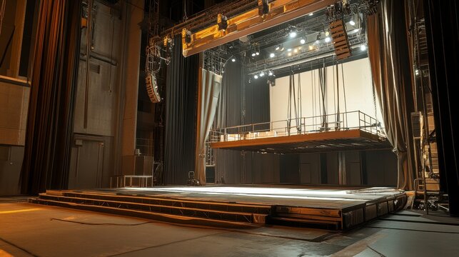 Empty theater stage with lighting equipment, curtains, and a raised platform.
