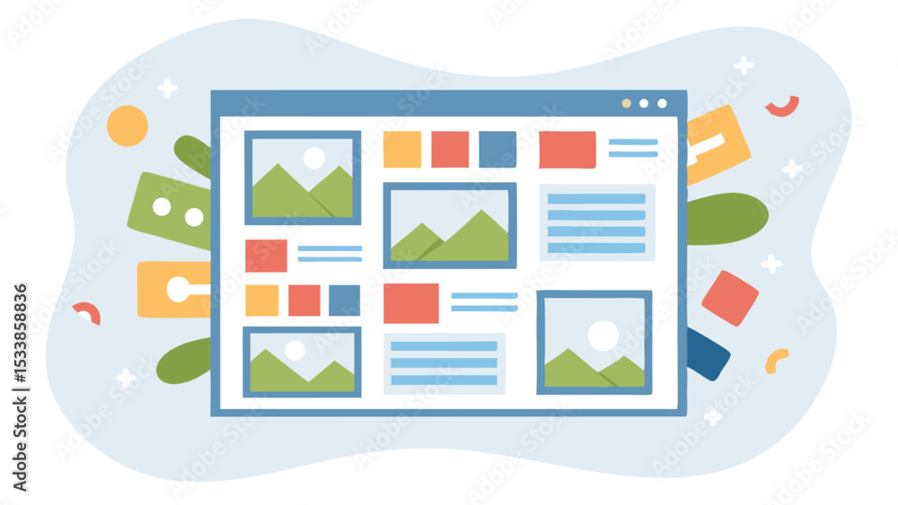 Poster illustration of a website layout with images, text and colorful shapes around it displayed