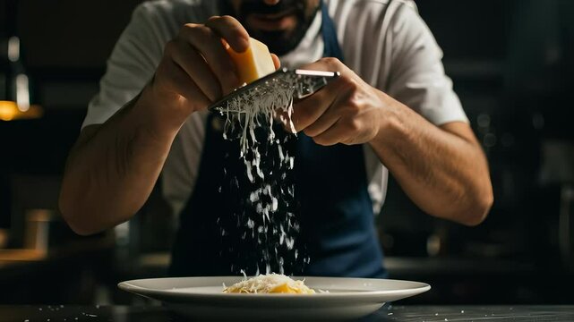 Chef grating fresh cheese over pasta, close-up shot of culinary preparation detail