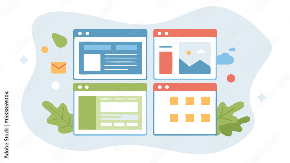 Poster illustration of four different website layouts with various design elements and color schemes shown