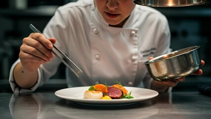 Chef meticulously plates exquisite dish in professional kitchen setting for service