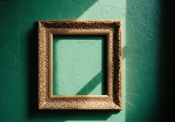 empty gold frame casting shadow on green textured wall
