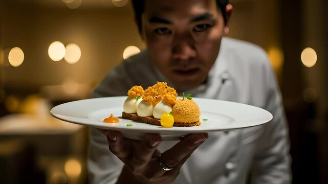 An Asian Chef Presents an Exquisite Dessert Creation with Passion and Precision