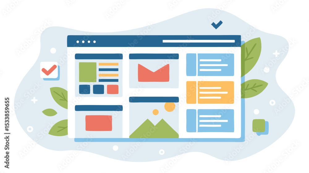 Poster website layout with various content blocks and check marks surrounded by leafy decorations