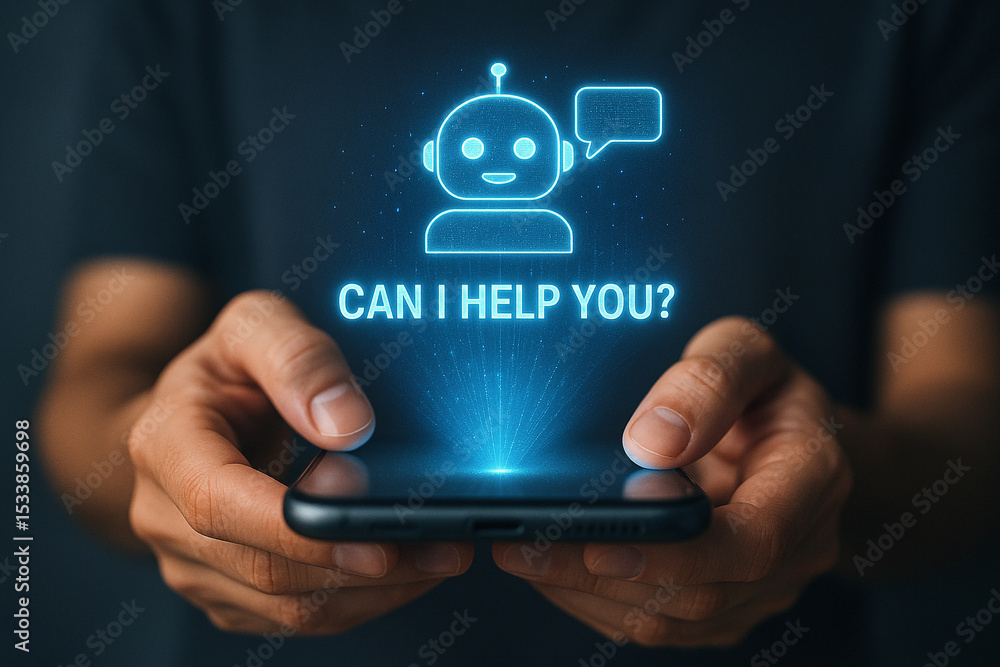 Poster ai chatbot on mobile phone offering help and support for customer service and virtual assistant apps