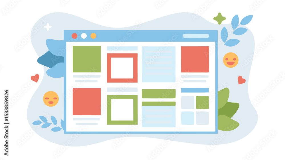 Poster illustration of a website layout with various content blocks and decorative elements around it