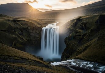 Majestic waterfall at sunrise in serene landscape