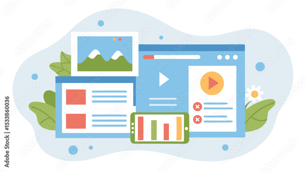 Aufkleber illustration of various digital interfaces including a video player and bar graph on phone