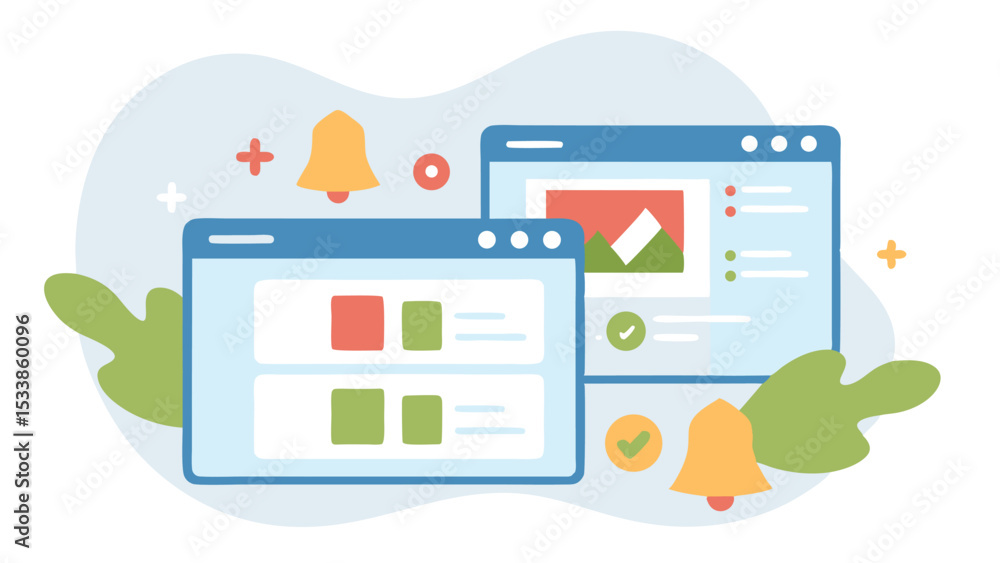 Poster two browser windows with content blocks and notification bells on a light background illustration