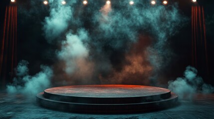 Dark stage with smoky atmosphere, illuminated circular platform, ideal for product display or presentation.