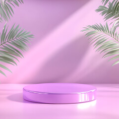 Round Purple Platform Surrounded by Green Palm Leaves in Soft Light