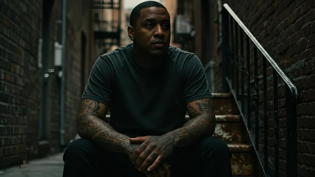 Contemplative man with tattoos sitting on urban steps in thought or reflection