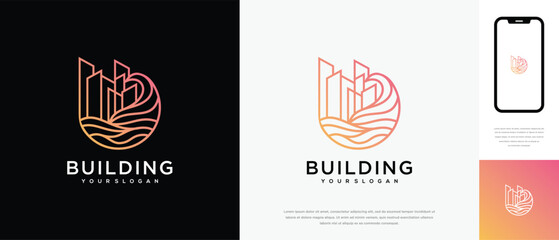 Obraz premium Wave real estate building logo design. Natural wave house logo icon