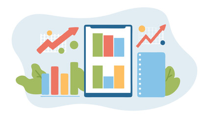 Fototapeta premium Illustration of a tablet displaying bar graphs with upward trending arrows and a notepad nearby