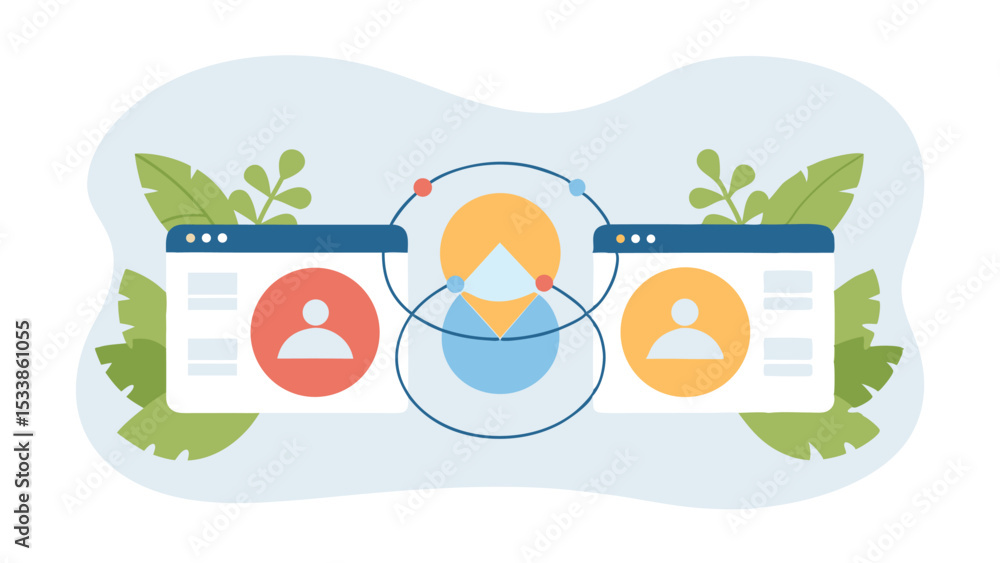 Poster two web pages with user icons connected by circles and plants on a light blue background design art