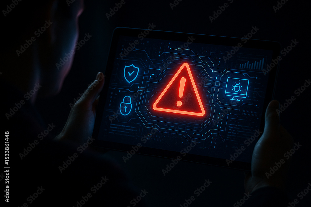 Poster cyber security alert warning on tablet screen virus attack system error digital protection concept