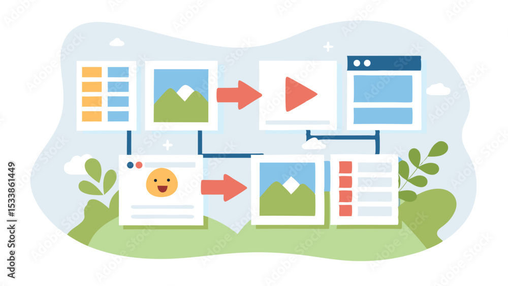 Poster data flow diagram illustrating process with images video and website interfaces shown in a green lan